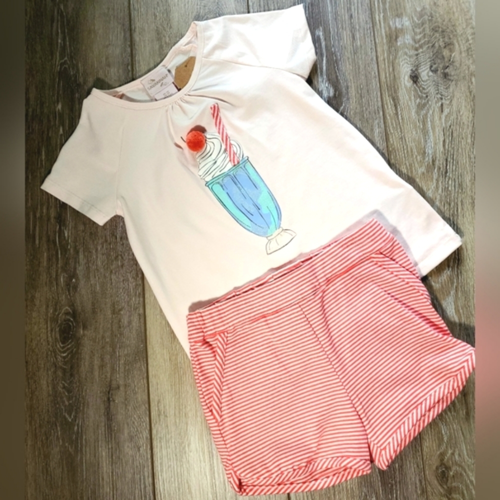 Girl's short sleeve peach milkshake graphic tee, coral striped shorts Size 2T